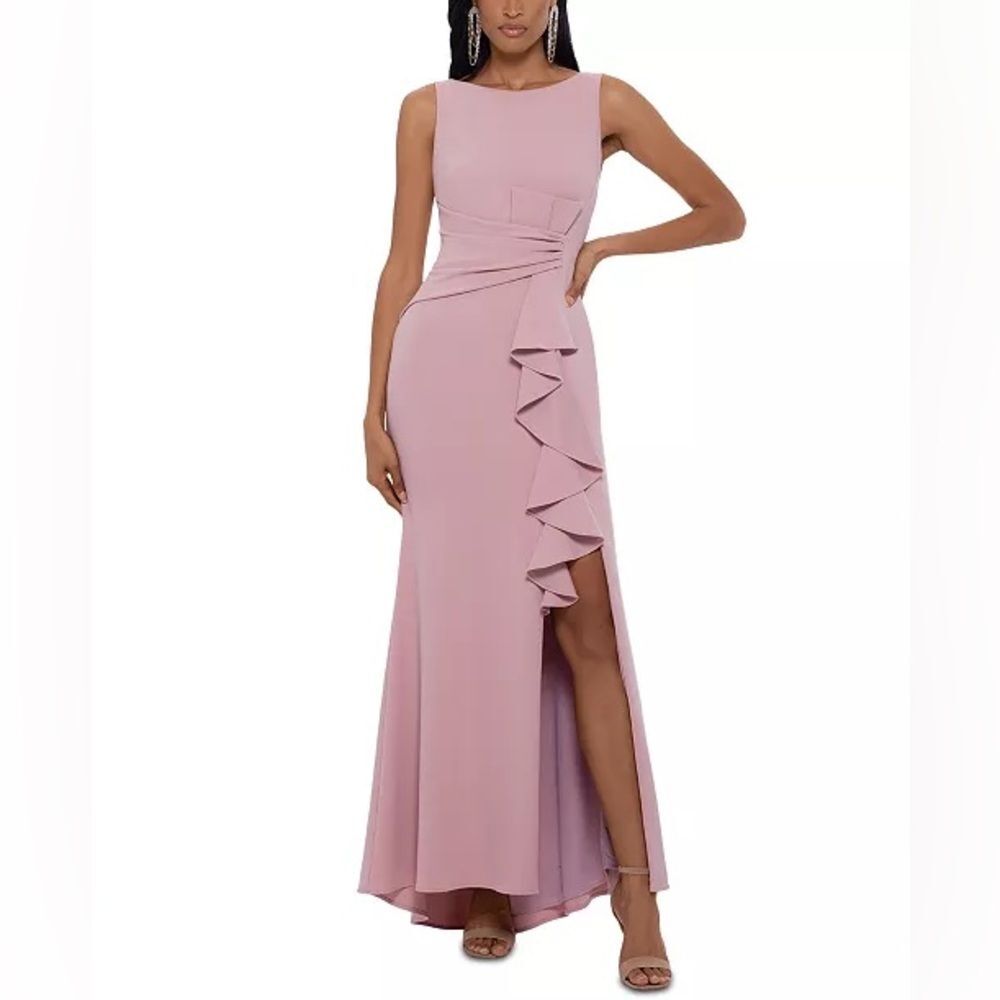 NWOT Betsy & Adam | Boat Neck Waterfall Ruffle Detail Gown in Rose Pink 6